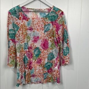 Snoskins Womens Top L Pink Blue Crinkly Fabric Pullover Floral Lightweight EUC